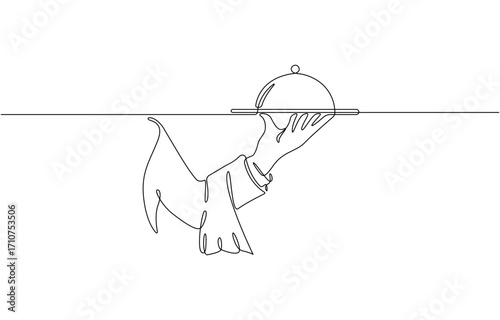 Continuous one line drawing of hand holding tray. Waiter hand holding tray in single line drawing , vector illustration on transparent background.