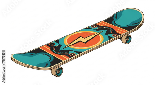 Skateboard graphic design with lightning bolt and teal accents for extreme sports enthusiasts and skate park riders
