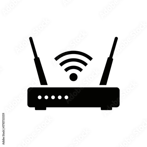 Black silhouette of a wireless router with antennas and wifi signal isolated on white background