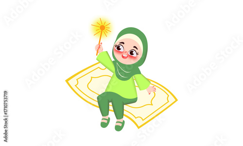 A young girl wearing a green hijab and outfit, holding a glowing wand, sitting on a prayer mat.