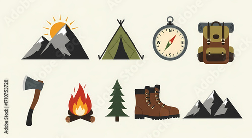 Explore the great outdoors with this vibrant collection of essential camping and adventure icons, perfect for illustrating nature trips, hiking expeditions, and wilderness experiences