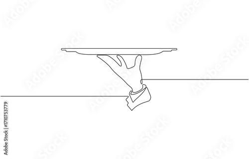 Continuous one line drawing of hand holding tray. Waiter hand holding tray in single line drawing , vector illustration on transparent background.