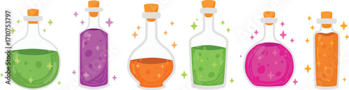 Halloween Magic Potion Bottles Set with Colorful Sparkles. ideal for greeting cards, posters, stickers, digital projects, and seasonal designs.