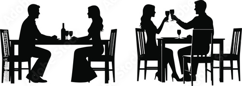 Romantic dining silhouette set, black-and-white illustrations of couples at tables for lifestyle, celebration, and relationship design themes