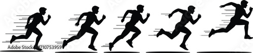 Running motion silhouette set, black-and-white illustrations of sprint stages with speed lines for sports, animation, and fitness design themes