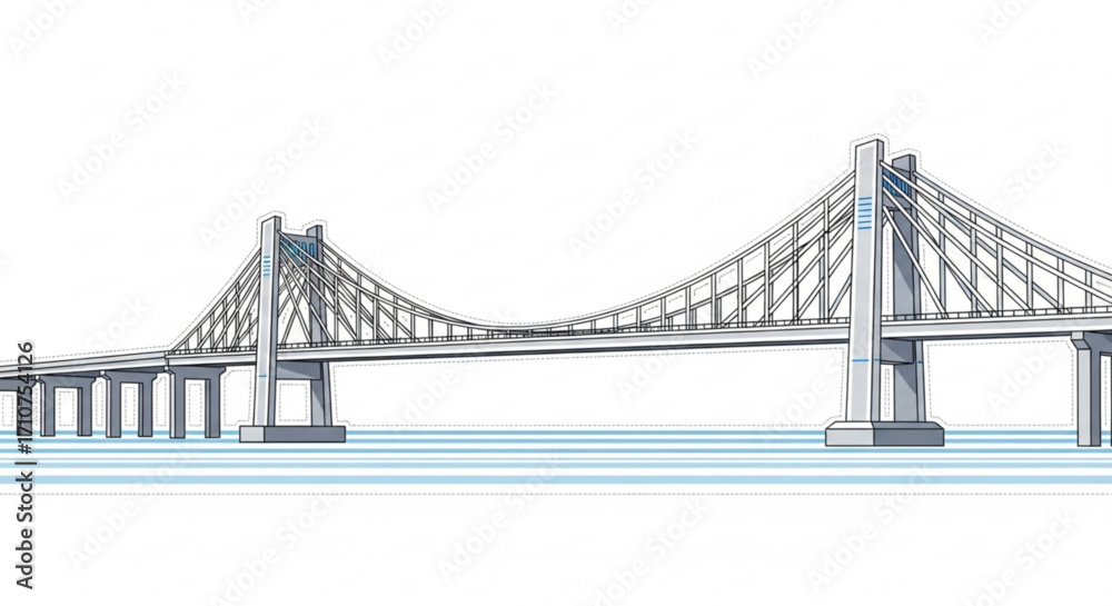 Obraz premium Illustrated suspension bridge over water design for architecture and engineering projects and presentations