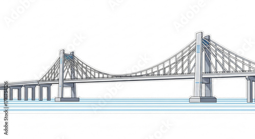 Illustrated suspension bridge over water design for architecture and engineering projects and presentations