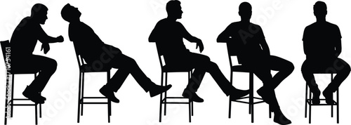 Seated pose silhouette set, black-and-white illustrations of figures on stools in varied postures for lifestyle, character, and design themes