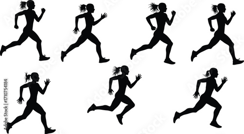 Running silhouette vector set, black athletic motion poses with ponytail for fitness design, sports training, animation cycle, and dynamic movement illustration
