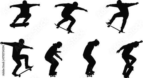 Skateboarding silhouette vector set, black trick poses with airborne stances and balance gestures for sport design, youth culture, and motion illustration
