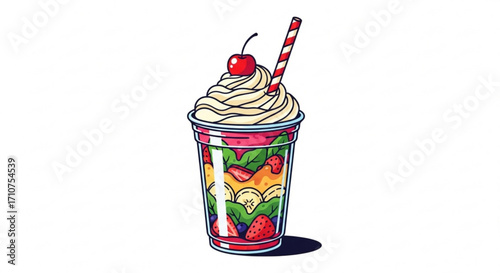 Delicious fruit smoothie parfait recipe with whipped cream and cherry topping for healthy eating dessert treat