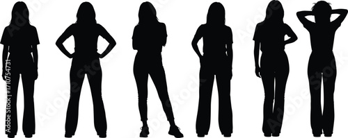 Standing pose silhouette set, black-and-white illustrations of casual figures in varied stances for fashion, lifestyle, and character design themes