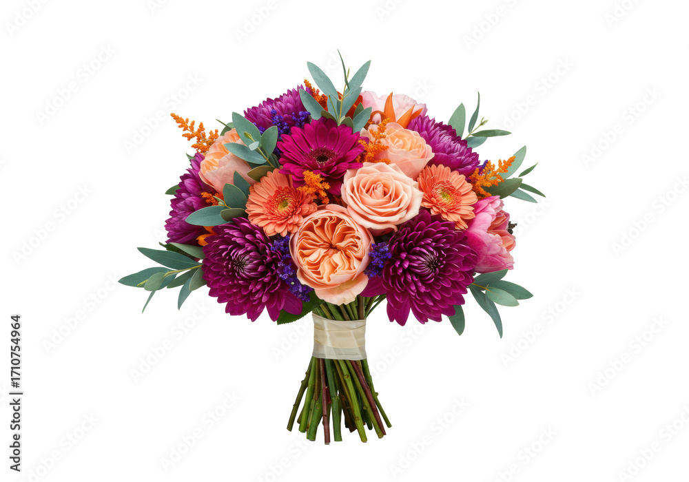 Obraz premium Vibrant, high-end floral bouquet with peach, pink, magenta, purple blooms, green/teal foliage, orange sprigs, silk ribbon, transparent background, high-key lighting. Concept of luxurious floral