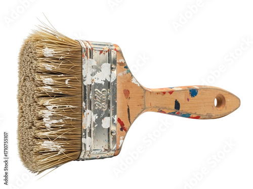 Old worn paintbrush with wooden handle and dried paint marks isolated on a transparent background