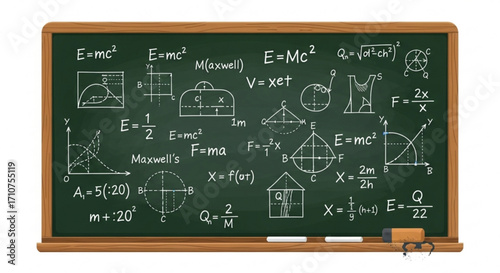 Explore physics equations and formulas on chalkboard for education and science learning resource material