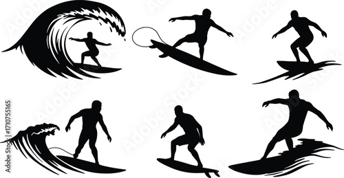 Surfing silhouette vector set, black wave-riding poses with leashes and splash effects for beach sport design, ocean motion, and lifestyle illustration