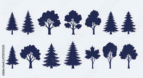 A versatile assortment of stylized tree silhouettes, capturing the essence of diverse forest landscapes and natural environments, ideal for graphic design and ecological themes