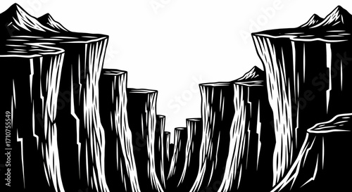 Stark black and white illustration depicting a vast, deep canyon with towering, jagged cliffs and receding rock formations, emphasizing natural grandeur and exploration
