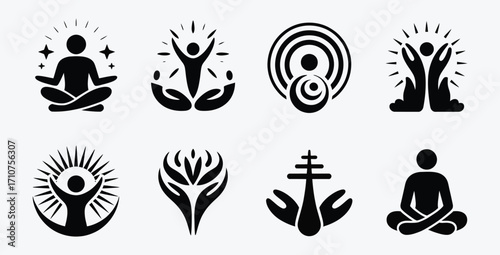 Collection of abstract yoga and meditation icons depicting spiritual wellness