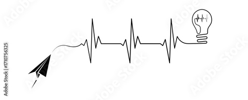 Abstract paper plane origami airplane, ekg shape route, light bulb vector. Creative medical science concept design to use for cardiology, healthcare business projects.