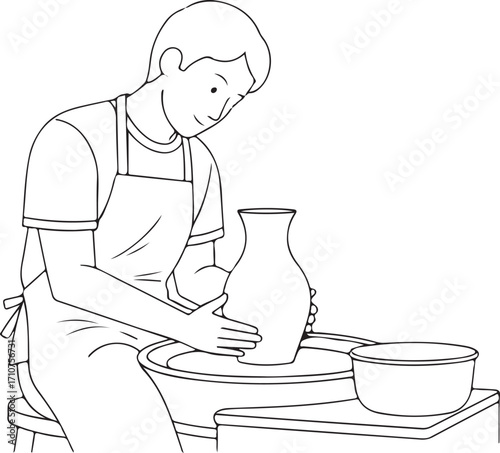 Vector art of a man is working on a pottery wheel, shaping a vase with his hands