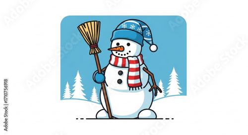 Cute snowman with broom vector illustration winter holiday season christmas snow scene festive design element art