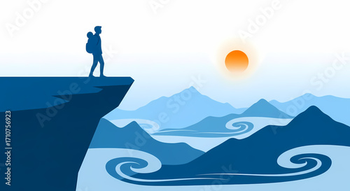 A solitary backpacker stands on a cliff's edge, contemplating the serene, expansive mountain landscape and winding rivers under a vibrant sun, embodying the spirit of adventure and future exploration