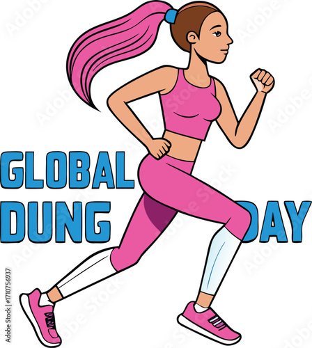 Woman running in pink athletic wear with Global Dung Day text fitness exercise