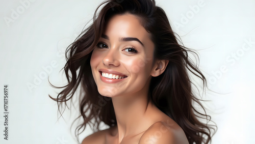 Close-up portrait of beautiful young woman with radiant smile, glowing skin, perfect teeth, natural makeup, and wavy dark hair