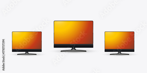 Set of flat LED screen mock-up Vector realistic stand, radiating with a warm gradient of orange, yellow, and red hues. Three creative presentation LCD