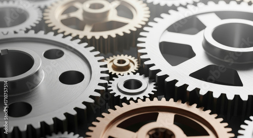 Close Up of Interlocking Silver and Gold Gears Under Soft Lighting Illustrating Mechanical Concepts and Metallic Texture in High Detail