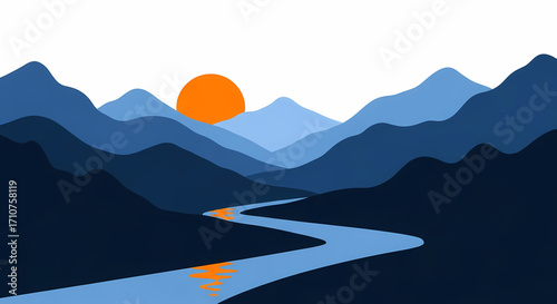 A peaceful and serene minimalist landscape illustration depicting a winding river reflecting the warm glow of a setting sun amidst layers of majestic blue mountains, evoking a sense of calm