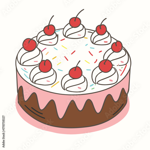 Round cake with pink frosting and cherries dessert sweet