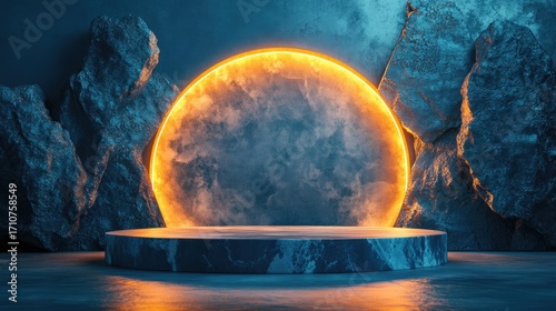 Sophisticated abstract background featuring a glowing polished stone podium, perfect for product display.	