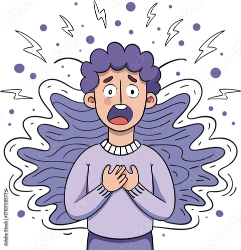 Young person with purple hair and open mouth in distress illustration distressed
