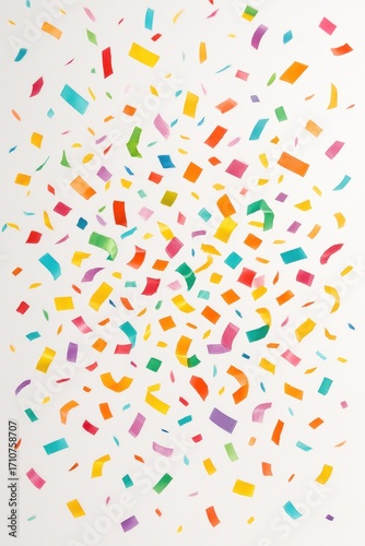 Joyful celebration with colorful confetti falling against pristine white background