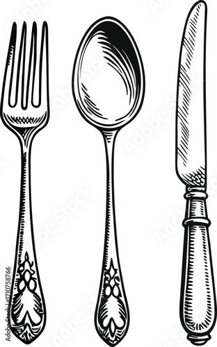 Black and white sketch of fork spoon and knife cutlery eating