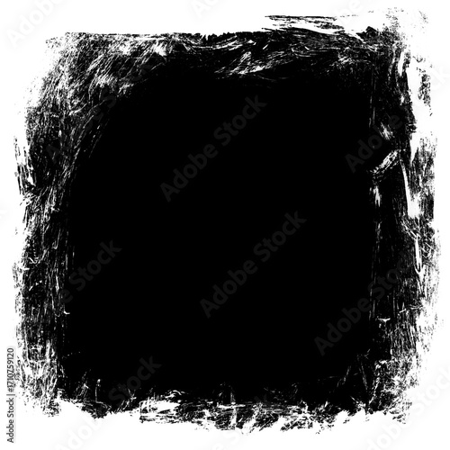 Rough textured black square frame with distressed edges on white background