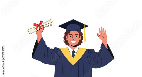 A happy graduate, celebrating academic achievement and success, holding a diploma and wearing a graduation gown