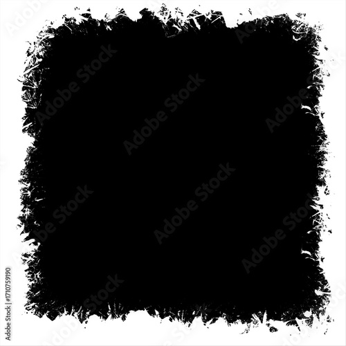 Rough textured black square frame with jagged edges on white background