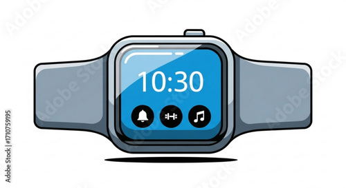 Illustration of a modern smartwatch, displaying the time 1030 and various app icons in a sleek, minimalist design