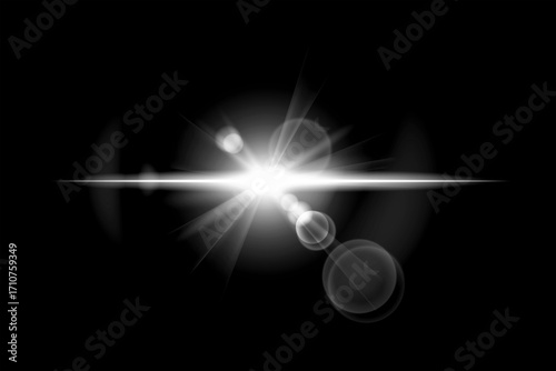 Bright lens flare effect with starburst and bokeh circles on black background
