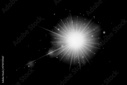 Bright white starburst explosion with lens flare on black background