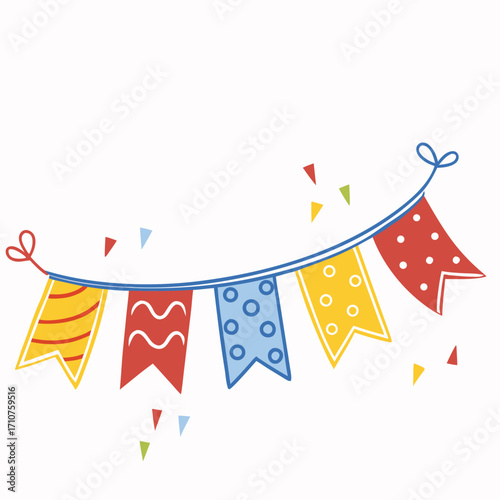 Festive colorful bunting flags with confetti party celebration