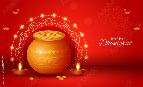 ppy dhanteras celebration pot with golden coins and decorative props. traditional festival background, greeting card