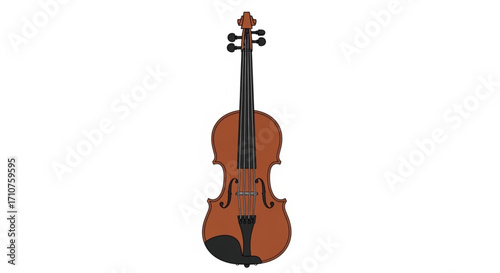 Illustration of a brown wooden violin the stringed instrument is shown with its body, neck, strings, and tuning pegs