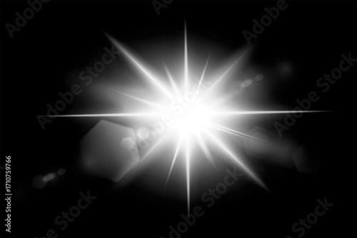 Bright starburst flare effect with lens flare on black background