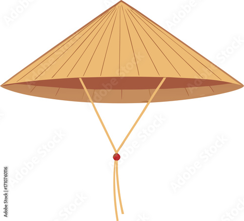 Conical straw hat with red bead and strings woven traditional