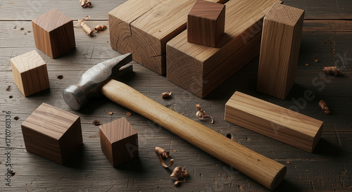 Wooden Hammer Surrounded By Cubes And Wood Shavings On A Wood Planks Surface For Carpentry Concept
