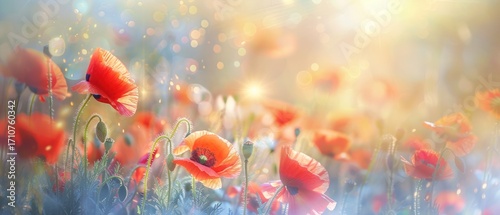 field of a blooming red poppy glowing bokeh light landscape summer glitter light.